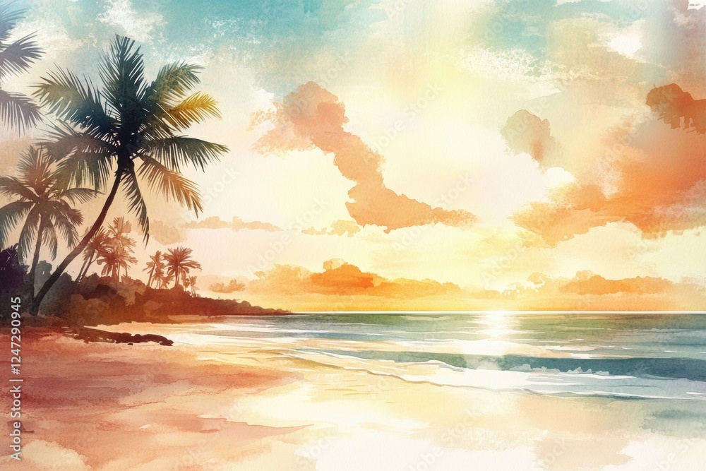 Poster sunset watercolor illustration of a tranquil beach with palm trees and gentle waves during a colorfu