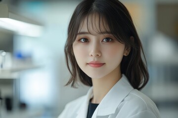 Fototapeta premium Young female scientist wearing lab coat posing in laboratory