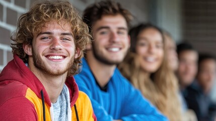 Fototapeta premium Happy students smiling outdoors, brick wall background, friendship
