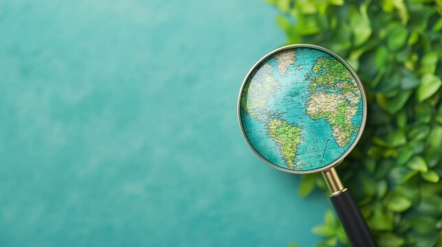 Glass Magnifying Lens Overworld Map with Green Leaves and Blue Background