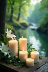 Elegant white lily arrangement with candles, surrounded by a serene landscape of trees and water , nature, memorial, water