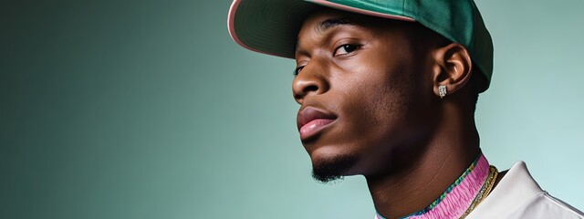 A young black man wearing an old pink and green new era cap
