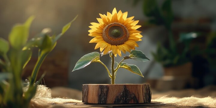 A sunflower seedling is sprouting in a wooden block, basking in bright light. The image captures the vibrant yellow bloom and green leaves against the contrast of the textured wooden backdrop.