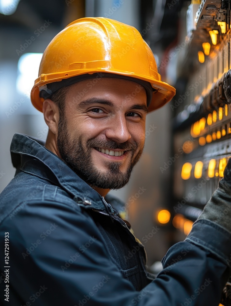 Aufkleber smiling electrical engineer working on control panel in factory
