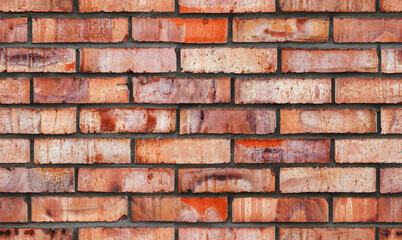 Red brick wall, detailed frontal view photo, seamless background
