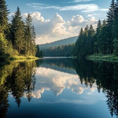 Fototapeta premium Beautiful landscape with forest lake and reflection in water. HDR image