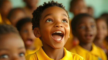 Children in the classroom, working together on a creative writing project, their faces full of joy. The moment reflects their shared creativity and excitement,