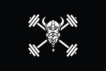 Viking vector with cross barbells - Berserker gym fitness logo vector with barbell