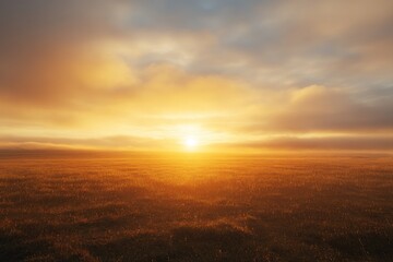 Fototapeta premium A beautiful sunset over a field of grass. The sky is filled with clouds, and the sun is setting in the distance. The scene is peaceful and serene