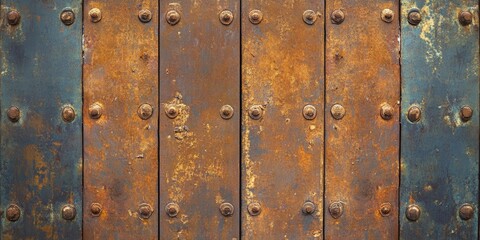 Fototapeta premium An old, rusted metal door with visible bolts on each panel.