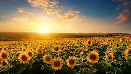 Obraz premium Sunflower field, yellow flowers in the light of setting sun, stock photo
