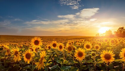 Obraz premium Sunflower field, yellow flowers in the light of setting sun, stock photo