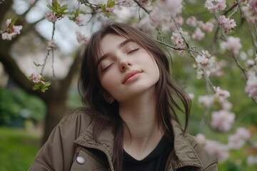 Peaceful young woman in jacket looking up at cherry blossoms, eyes closed, smiling; springtime mood.