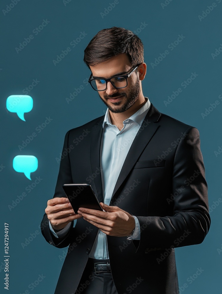 Poster businessman communicates with chatbot with voice commands. voice controlled chatbot, talking virtual