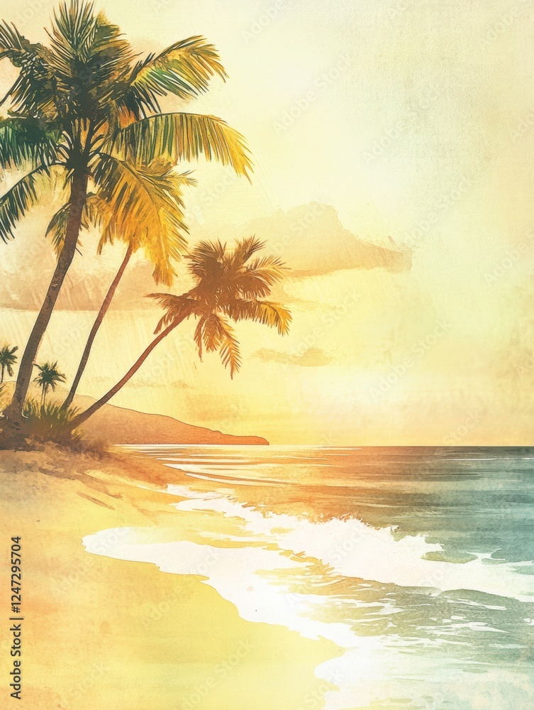 Poster beautiful watercolor illustration of a sunset over a tranquil beach with palm trees and gentle waves