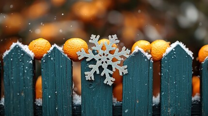 A snowy fence adorned with oranges and a snowflake decoration.