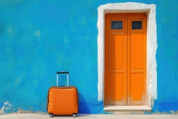 travel orange blue. An orange suitcase stands against a vibrant blue  wall, ready for an adventure, with a shadow adding depth to the scene.