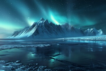 Fototapeta premium Northern lights over snowy mountain and lake scene. Neural network AI generated