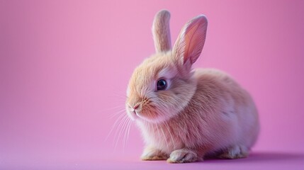 Obraz premium Cute bunny on pink background, soft rabbit portrait, vibrant and minimalistic animal image, pastel theme, fluffy fur detail, adorable small pet, close-up composition, gentle creature