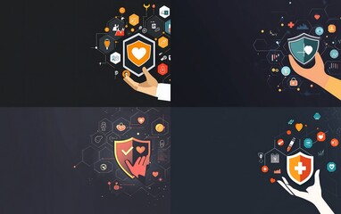 Digital background featuring a business hand holding a shield and a checkmark icon, with health and security concepts displayed in a virtual screen