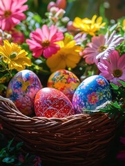 Fototapeta premium Multi-colored eggs in a basket with flowers around them.