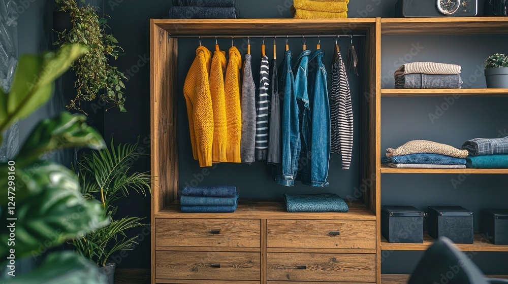 Poster bright yellow and blue garments hang neatly in a well-organized wardrobe, complemented by folded tow