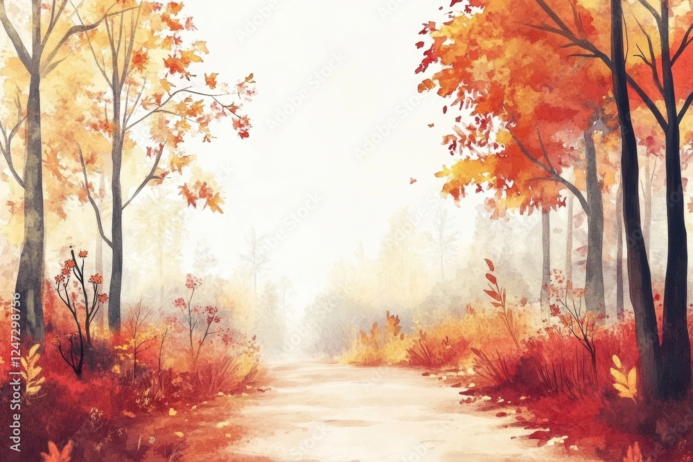 Poster autumn landscape watercolor illustration featuring trees and a winding path in soft warm hues. gener