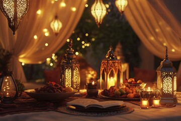 Fototapeta premium Warm Ramadan Iftar Feast: Golden Lanterns, Dates, Quran and Festive Lights Illuminate a Cozy Evening of Islamic Tradition and Celebration
