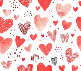 Colorful hearts pattern on white background, featuring various sizes and styles of red hearts, creating cheerful and romantic atmosphere