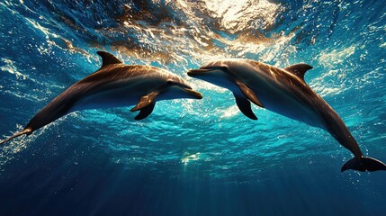 Dolphins interacting underwater, ocean sunlight, marine life