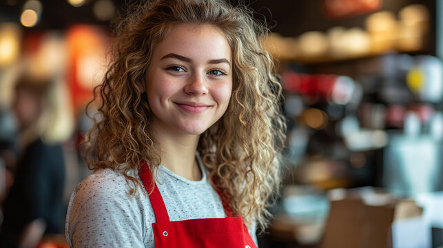 Close up photography of a young waitress with curly hair wearing a red apron, smiling and looking at the camera. coffee shop and workers blurred in the background.