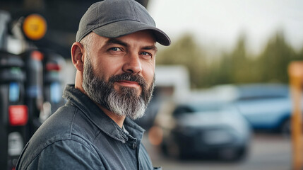 Middle aged gas station worker or employee, man with the beard wearing gray uniform and a cap, looking at the camera and smiling. modern car and petroleum fuel pumps in the background.