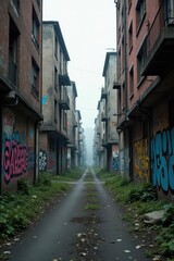 Fototapeta premium Muted cityscape with graffiti and abandoned buildings, overgrown gardens, industrial landscape, city