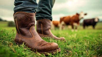 A pair of sturdy brown boots set on a grassy field, with cows grazing in the background, representing the simplicity and functionality inherent in farm life.

