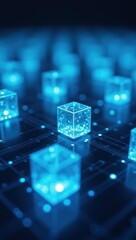 Obraz premium Digital representation of blockchain technology with glowing cubes and connections in a dark setting