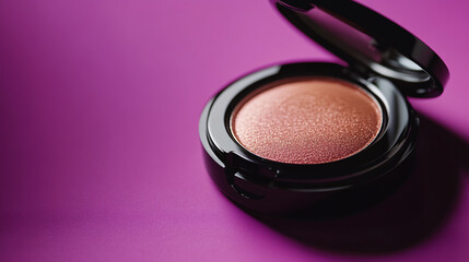 Cosmetic bronzer, blusher, or eyeshadow showcased against a purple plum-colored background.