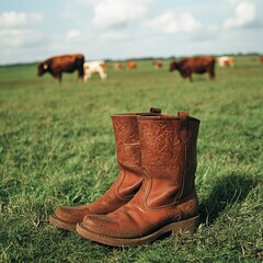 A pair of sturdy brown boots set on a grassy field, with cows grazing in the background, representing the simplicity and functionality inherent in farm life.

