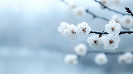 White plum blossoms, spring branch, blurred background, nature serenity