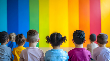 Preschool children standing in front of a colorful classroom wall, proudly showing their drawings to their classmates. Their pride in their creations is clear