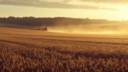 Naklejka premium Golden Fields and Harvesting Machine at Sunset in a Peaceful Landscape