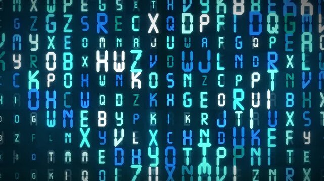 Digital 3d animation of glowing letters transitioning to woman talking head