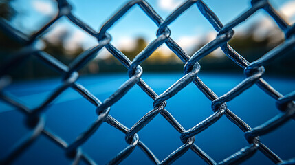 Fototapeta premium A silver chain-link fence stands in focus, symbolizing boundaries and separation, while a blurred, empty blue tennis court under a cloudy sky evokes a sense of solitude and stillness.