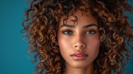 Fototapeta premium Curly brunette woman, Natural afro hairstyle, Studio portrait with blue background, Beauty and style, Confident feminine look, Modern texture, Healthy hair inspiration