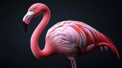 Pink flamingo stands on a black background. The flamingo is the main focus of the image, and it is...