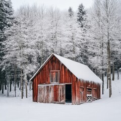 Old wooden shed in winter forest on a snowy day. Vintage style.