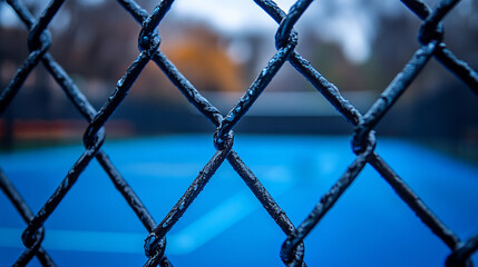 Fototapeta premium A silver chain-link fence stands in focus, symbolizing boundaries and separation, while a blurred, empty blue tennis court under a cloudy sky evokes a sense of solitude and stillness.