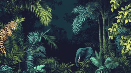 Fototapeta premium Jungle forest silhouette, rainforest background. Amazon forest scenery, african or Brazil jungle environment vector backdrop, wallpaper with palm trees, lianas, jaguar and elephant animals silhouettes