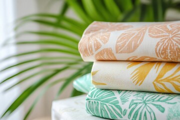 Light summer fabrics showcase tropical patterns with vibrant colors, perfect for warm weather activities and outdoor gatherings. Generative AI