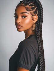 A stylish young woman with braids wearing a gold earring, posing for a portrait with modern and trendy fashion elements.