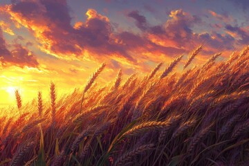The warm glow of a sunset illuminates the golden wheat in the field.